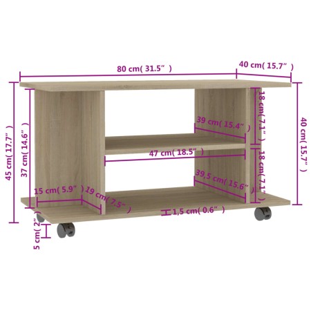 Mobile TV con Ruote Rovere Sonoma 80x40x45 cm Legno Multistrato