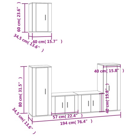 Set di Mobili Porta TV 5 pz Rovere Fumo in Legno Multistrato