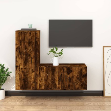 Set Mobili Porta TV 2 pz Rovere Fumo in Legno Multistrato