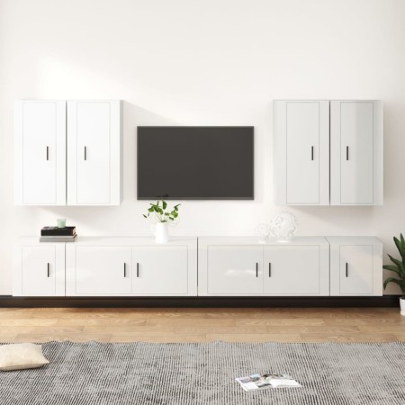 Set Mobili Porta TV 8pz Bianco Lucido in Legno Multistrato