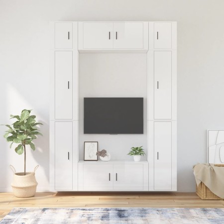 Set Mobili Porta TV 8pz Bianco Lucido in Legno Multistrato