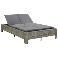 Lettino Prendisole a 2 Posti con Cuscino in Polyrattan Grigio