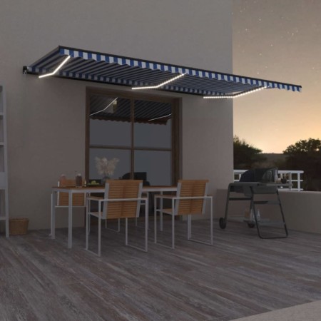 Tenda da Sole Retrattile Manuale con LED 600x300cm Blu e Bianco