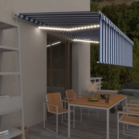 Tenda Sole Retrattile Manuale con LED 5x3m Blu e Bianco