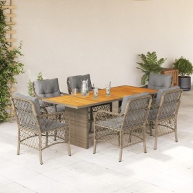 Set Pranzo da Giardino 7 pz con Cuscini Beige Misto Polyrattan