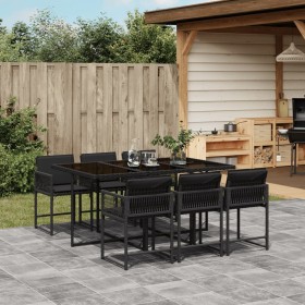 Set da Pranzo da Giardino 7 pz Nero con Cuscini in Polyrattan