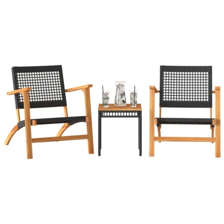 Set da Bistrot 3 pz Nero in Polyrattan e Legno Massello Acacia