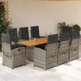 Set da Pranzo da Giardino 9 pz con Cuscini in Polyrattan Grigio