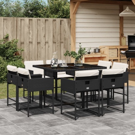 Set da Pranzo da Giardino 9 pz con Cuscini Nero in Polyrattan