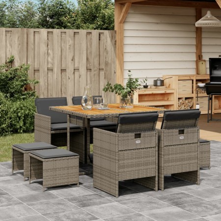 Set da Pranzo da Giardino 9 pz con Cuscini in Polyrattan Grigio