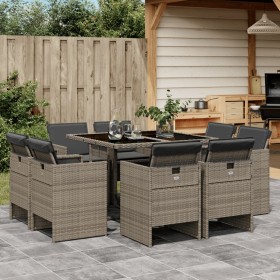 Set da Pranzo da Giardino 9 pz con Cuscini in Polyrattan Grigio