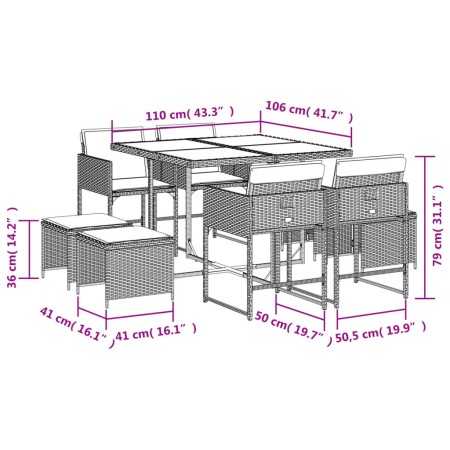 Set da Pranzo da Giardino 9 pz con Cuscini Nero in Polyrattan