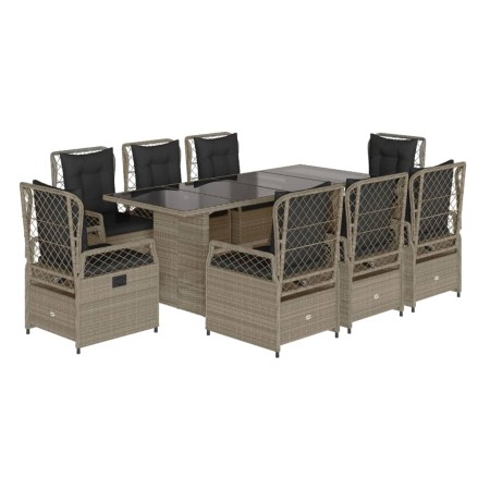 Set Pranzo da Giardino 9pz con Cuscini Grigio Chiaro Polyrattan