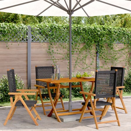 Sedie Giardino Reclinabili 4pz Nere Polyrattan e Legno Massello