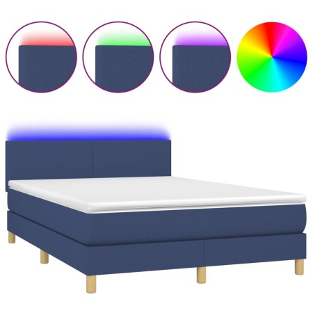 Letto a Molle con Materasso e LED Blu 140x200 cm in Tessuto