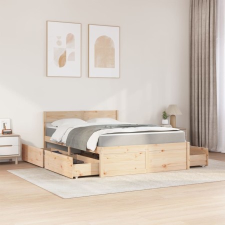 Letto con Cassetti e Materasso 120x200 cm Legno Massello Pino