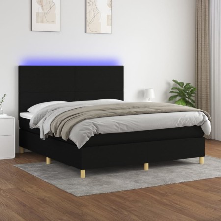 Letto a Molle con Materasso e LED Nero 160x200 cm in Tessuto