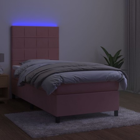 Letto a Molle con Materasso e LED Rosa 90x190 cm in Velluto