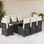 Set da Pranzo da Giardino 9 pz con Cuscini Nero in Polyrattan