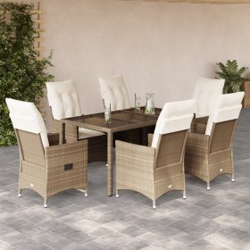 Set da Pranzo da Giardino 7 pz con Cuscini Beige in Polyrattan