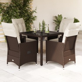 Set da Pranzo da Giardino 5pz con Cuscini in Polyrattan Marrone