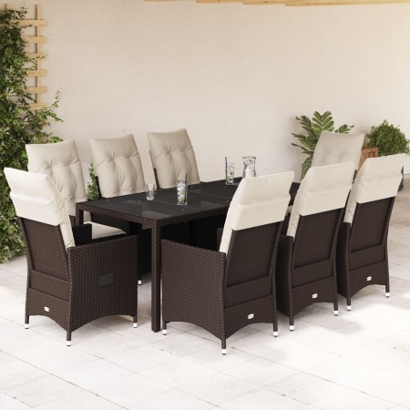 Set da Pranzo da Giardino 9pz con Cuscini Marrone in Polyrattan