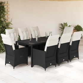 Set da Pranzo da Giardino 9 pz con Cuscini Nero in Polyrattan