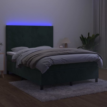 Letto a Molle con Materasso e LED Verde Scuro 140x200cm Velluto