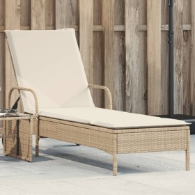 Lettino Prendisole con Ruote e Cuscino in Polyrattan Beige