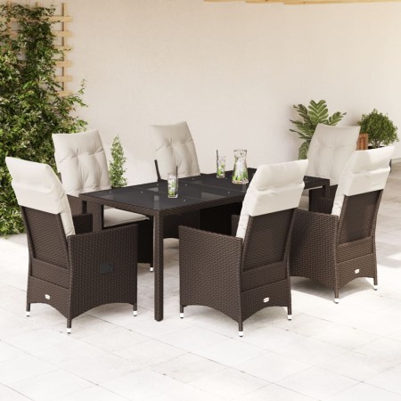 Set da Pranzo da Giardino 7pz con Cuscini in Polyrattan Marrone