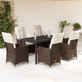 Set da Pranzo da Giardino 7pz con Cuscini in Polyrattan Marrone