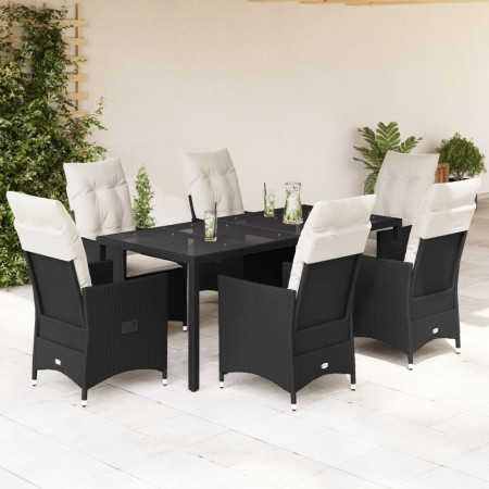 Set da Pranzo da Giardino 7 pz Nero con Cuscini in Polyrattan