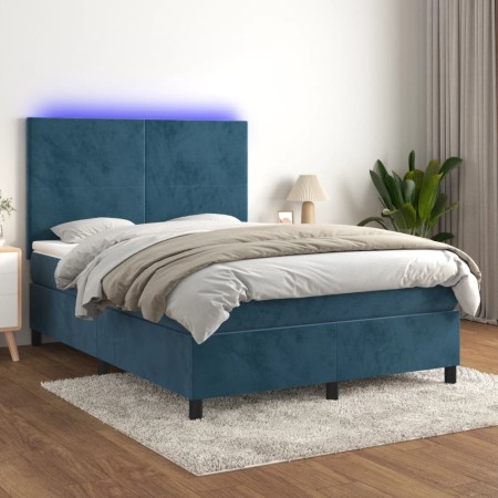 Letto a Molle con Materasso e LED Blu Scuro 140x200 cm