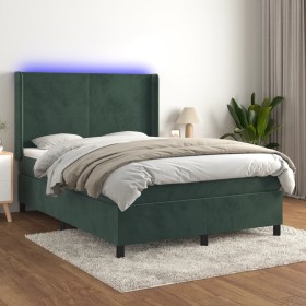 Letto a Molle con Materasso e LED Verde Scuro 140x200cm Velluto