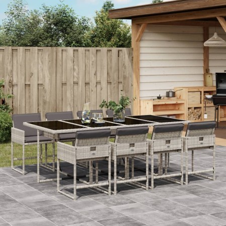 Set Pranzo da Giardino 9pz con Cuscini Grigio Chiaro Polyrattan