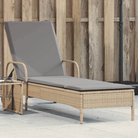 Lettino Prendisole con Ruote e Cuscino in Polyrattan Beige