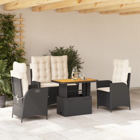 Set da Pranzo da Giardino 4 pz con Cuscini Nero in Polyrattan