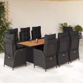 Set da Pranzo da Giardino 9 pz con Cuscini Nero in Polyrattan