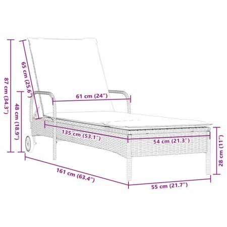 Lettino Prendisole con Ruote e Cuscino in Polyrattan Nero