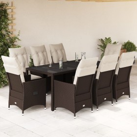 Set da Pranzo da Giardino 9pz con Cuscini Marrone in Polyrattan