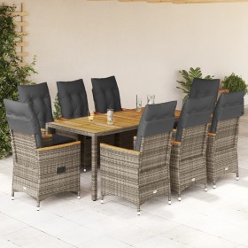 Set da Pranzo da Giardino 9 pz con Cuscini in Polyrattan Grigio