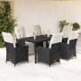 Set da Pranzo da Giardino 7 pz Nero con Cuscini in Polyrattan