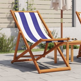 Sedia da Spiaggia Pieghevole Blu/Bianco in Eucalipto e Tessuto