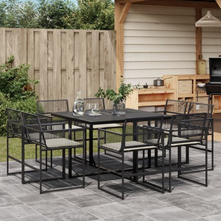 Set da Pranzo da Giardino 9 pz con Cuscini Nero in Polyrattan