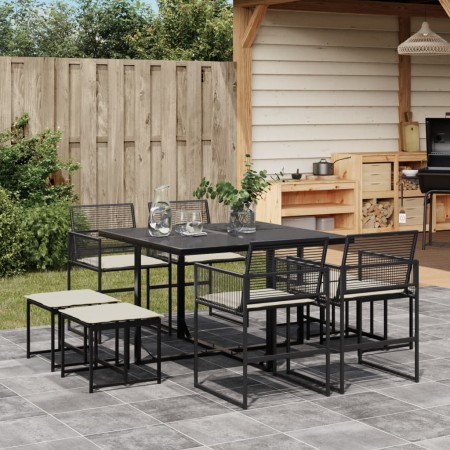 Set da Pranzo da Giardino 9 pz con Cuscini Nero in Polyrattan