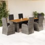 Set da Pranzo da Giardino 7 pz con Cuscini in Polyrattan Grigio