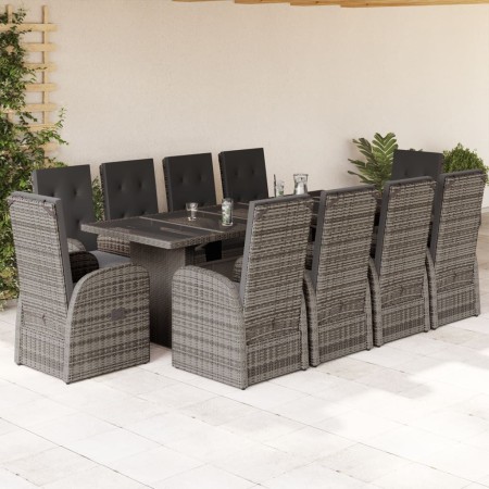 Set da Pranzo da Giardino 11pz con Cuscini in Polyrattan Grigio