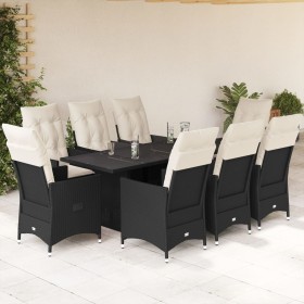 Set da Pranzo da Giardino 9 pz con Cuscini Nero in Polyrattan