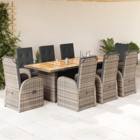 Set da Pranzo da Giardino 9 pz con Cuscini in Polyrattan Grigio