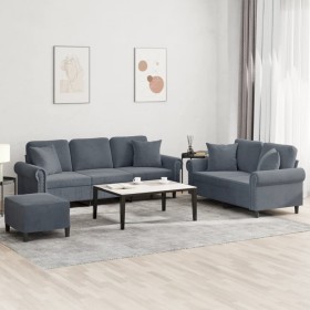 Set di Divani 3 pz con Cuscini Grigio Scuro in Velluto